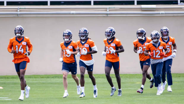 Denver Broncos wide receivers Courtland Sutton, Jerry Jeudy, and Brandon Johnson